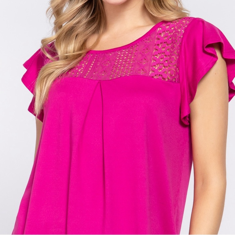 Active Basic Ruffle Short Sleeve Lace Detail Knit… - image 5
